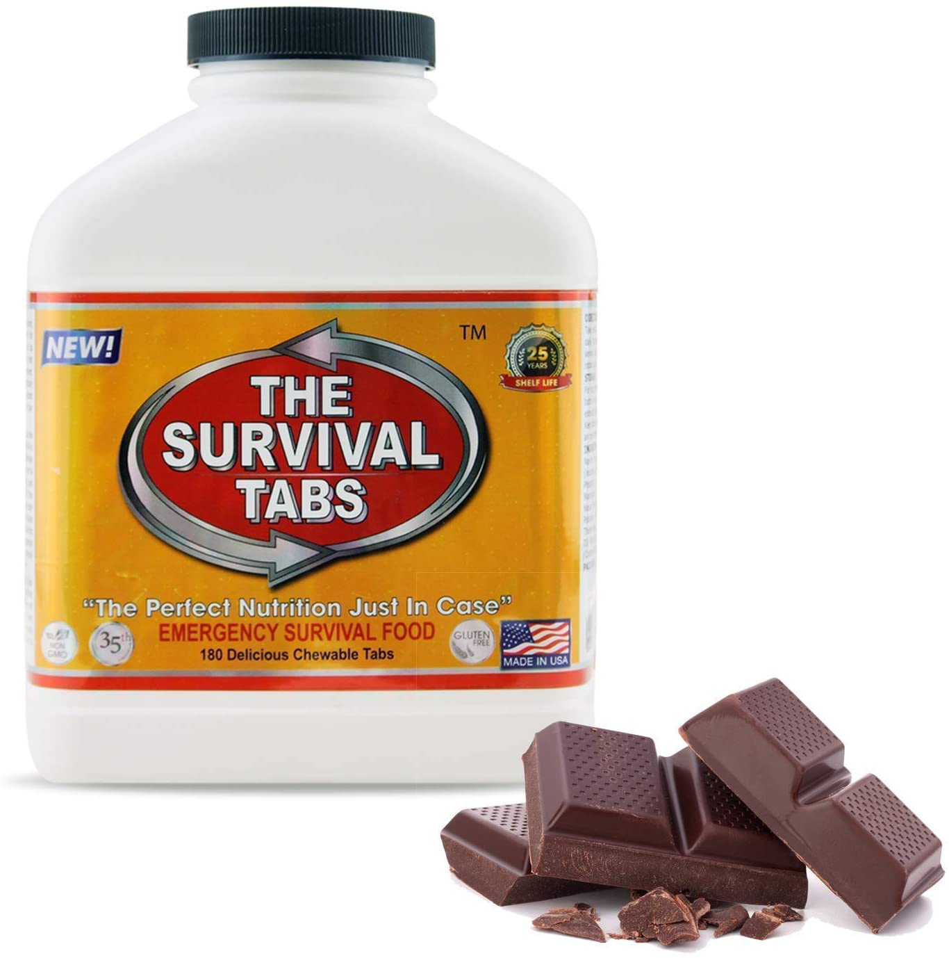 Survival Tabs - 15 Day Survival Food Supply - Gluten Free and Non-GMO 25 Years Shelf Life (180 Tabs - Chocolate), Men's